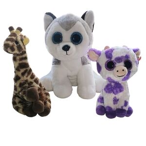 Bundle Of Ty Plush - Buff Husky Dog, Ethel Purple Cow, Gavin Giraffe - Stuffed A